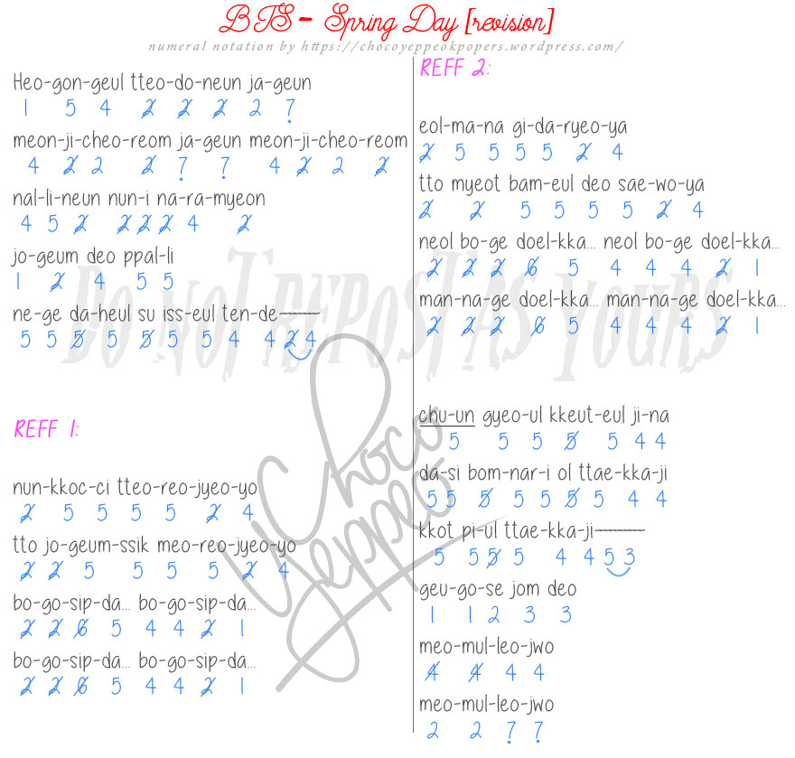 NOTASI ANGKA] BTS – Spring Day FULL edisi revisi | ChocoYeppeo